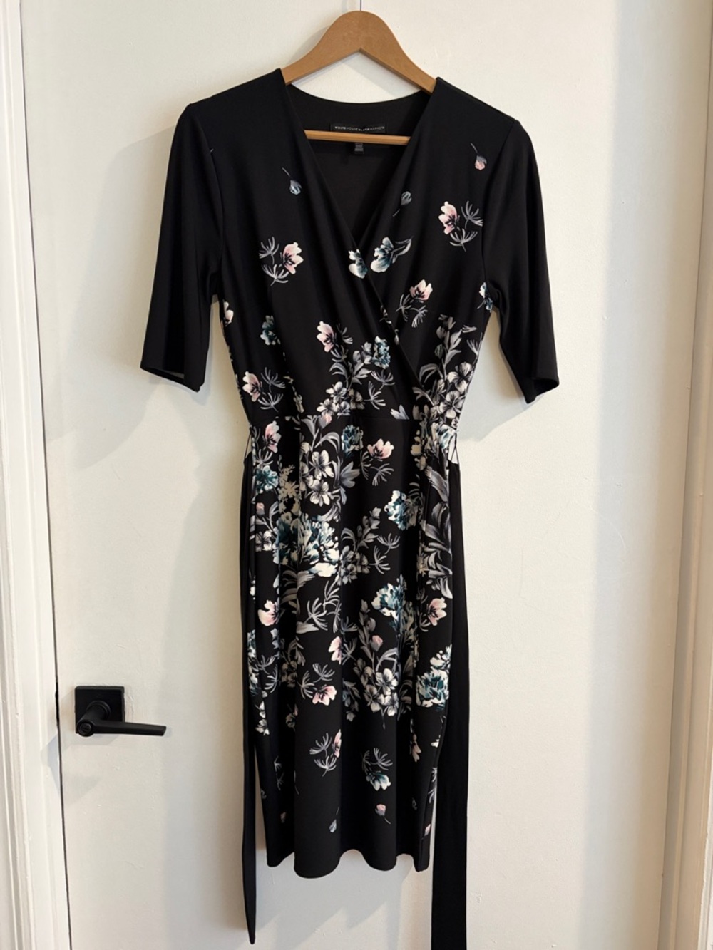 White House Black Market Black Floral Midi Wrap Dress with Pink & Blue Accents